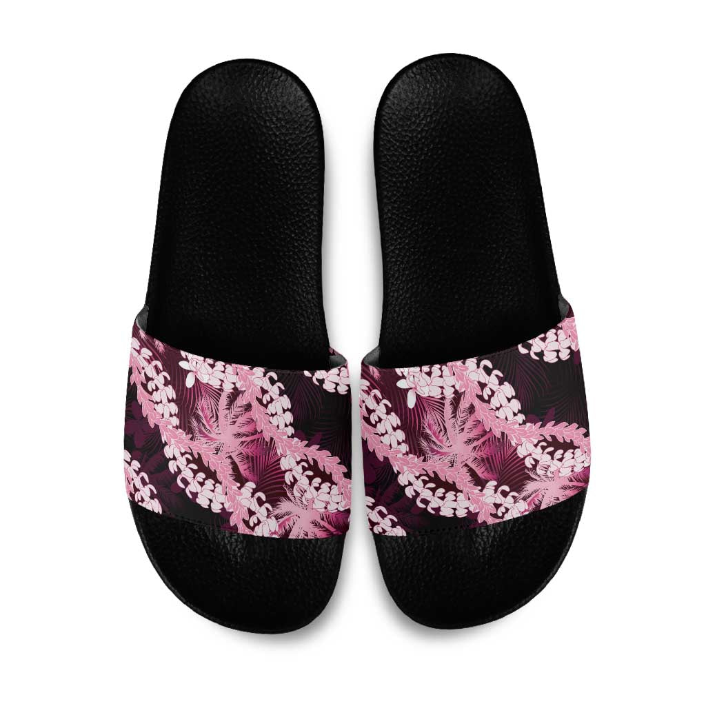 Puakenikeni Maile Lei Slide Sandals Frangipani Pink Tropical Leaves