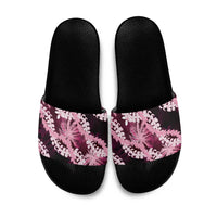 Puakenikeni Maile Lei Slide Sandals Frangipani Pink Tropical Leaves