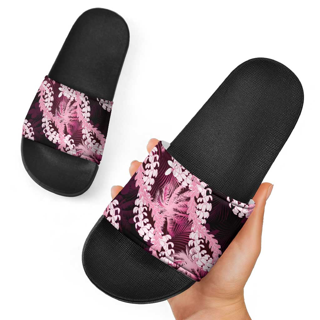 Puakenikeni Maile Lei Slide Sandals Frangipani Pink Tropical Leaves