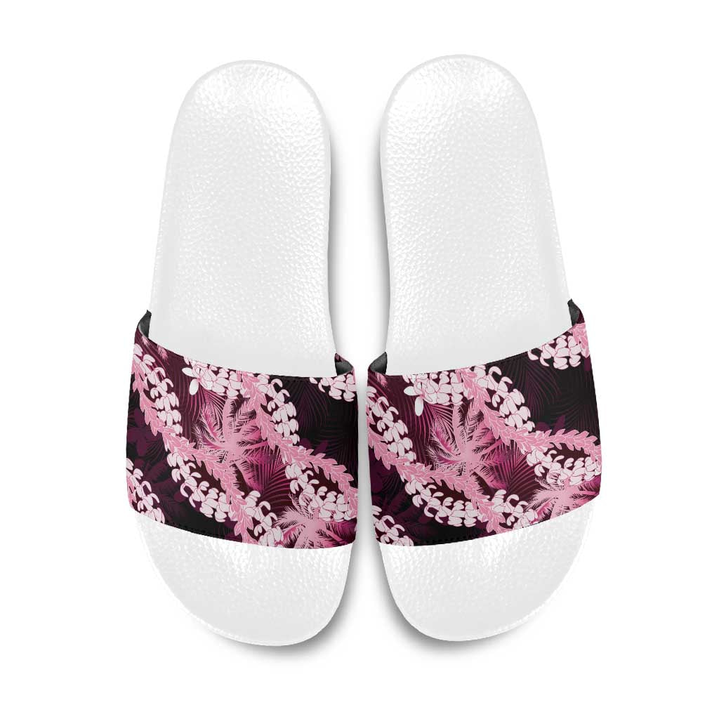 Puakenikeni Maile Lei Slide Sandals Frangipani Pink Tropical Leaves