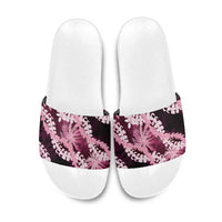 Puakenikeni Maile Lei Slide Sandals Frangipani Pink Tropical Leaves