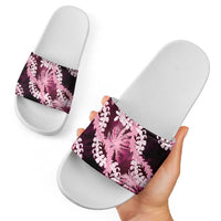 Puakenikeni Maile Lei Slide Sandals Frangipani Pink Tropical Leaves