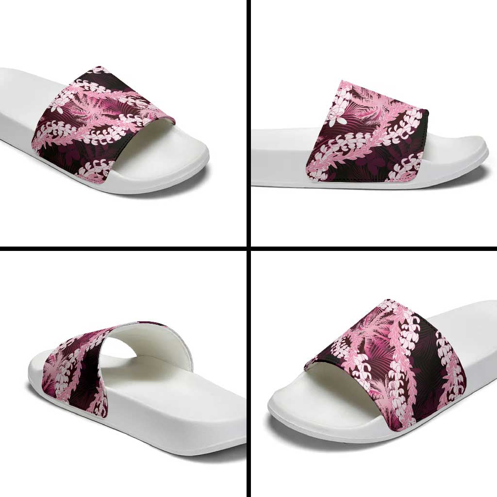 Puakenikeni Maile Lei Slide Sandals Frangipani Pink Tropical Leaves