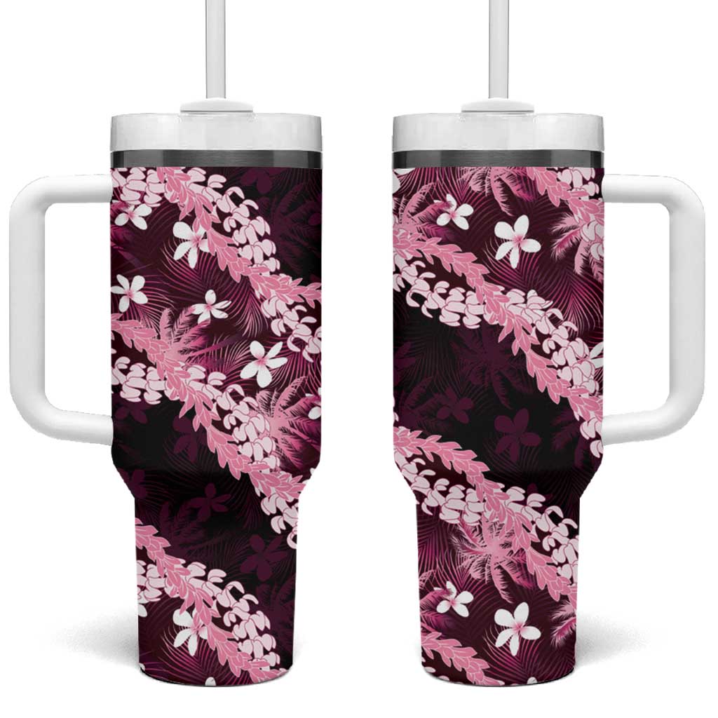 Puakenikeni Maile Lei Tumbler With Handle Frangipani Pink Tropical Leaves LT01 One Size: 40 oz Pink - Polynesian Pride