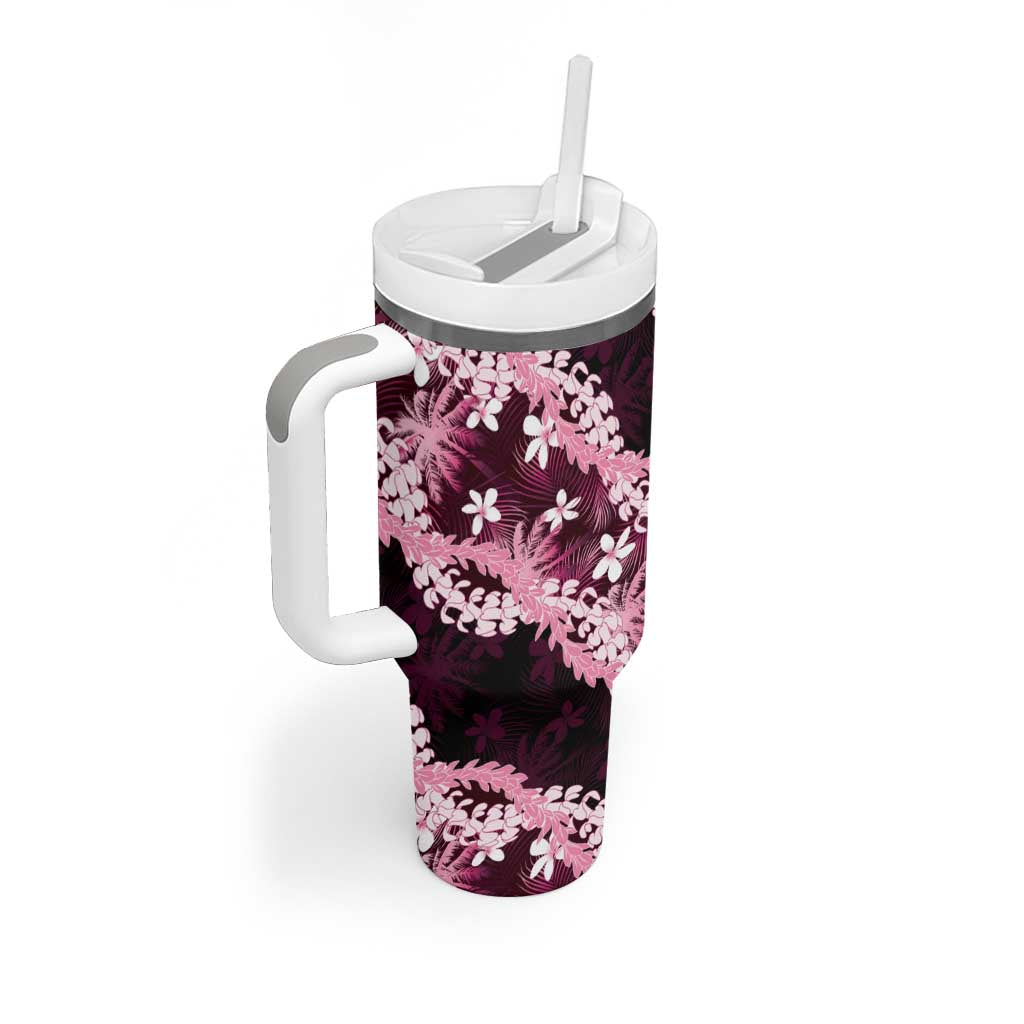 Puakenikeni Maile Lei Tumbler With Handle Frangipani Pink Tropical Leaves LT01 - Polynesian Pride