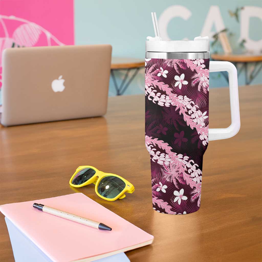 Puakenikeni Maile Lei Tumbler With Handle Frangipani Pink Tropical Leaves LT01 - Polynesian Pride
