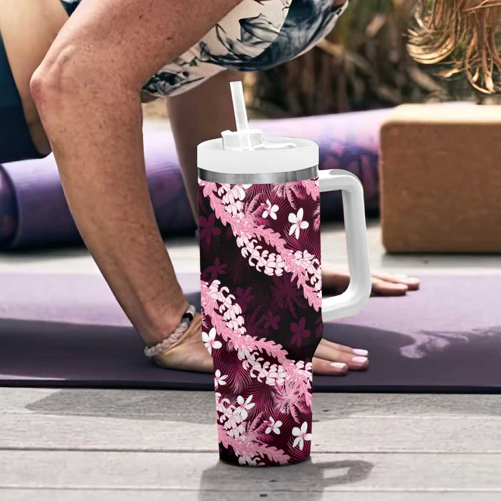 Puakenikeni Maile Lei Tumbler With Handle Frangipani Pink Tropical Leaves LT01 - Polynesian Pride
