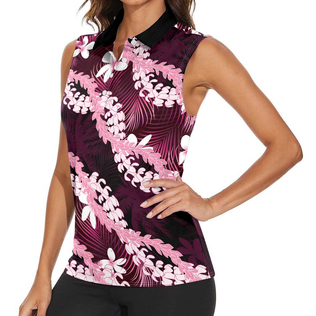 Puakenikeni Maile Lei Women Sleeveless Polo Shirt Frangipani Pink Tropical Leaves