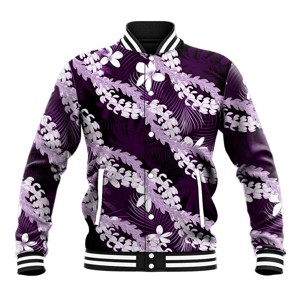 Puakenikeni Maile Lei Baseball Jacket Frangipani Purple Tropical Leaves LT01 Unisex Purple - Polynesian Pride