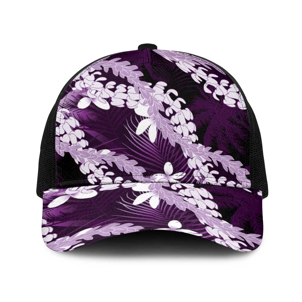 Puakenikeni Maile Lei Baseball Net Cap Frangipani Purple Tropical Leaves