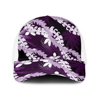 Puakenikeni Maile Lei Baseball Net Cap Frangipani Purple Tropical Leaves