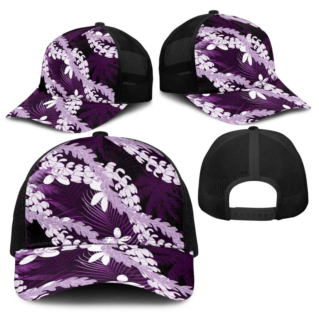 Puakenikeni Maile Lei Baseball Net Cap Frangipani Purple Tropical Leaves