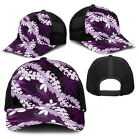 Puakenikeni Maile Lei Baseball Net Cap Frangipani Purple Tropical Leaves