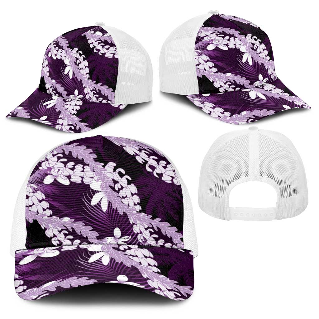Puakenikeni Maile Lei Baseball Net Cap Frangipani Purple Tropical Leaves