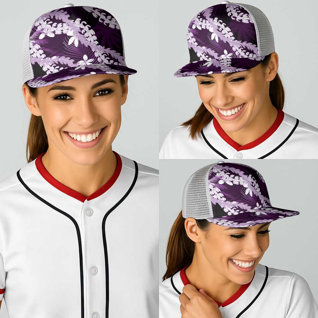 Puakenikeni Maile Lei Baseball Net Cap Frangipani Purple Tropical Leaves