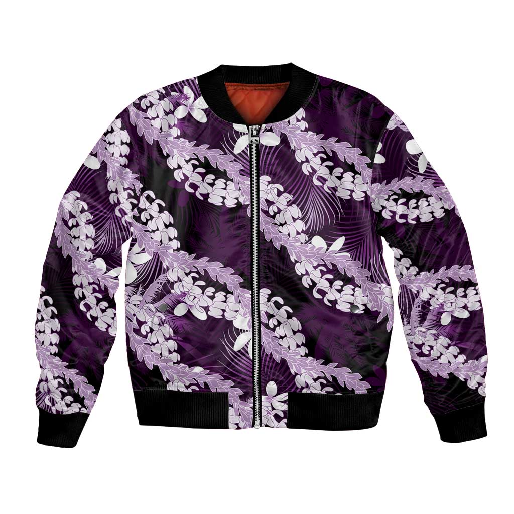 Puakenikeni Maile Lei Bomber Jacket Frangipani Purple Tropical Leaves LT01 Unisex Purple - Polynesian Pride