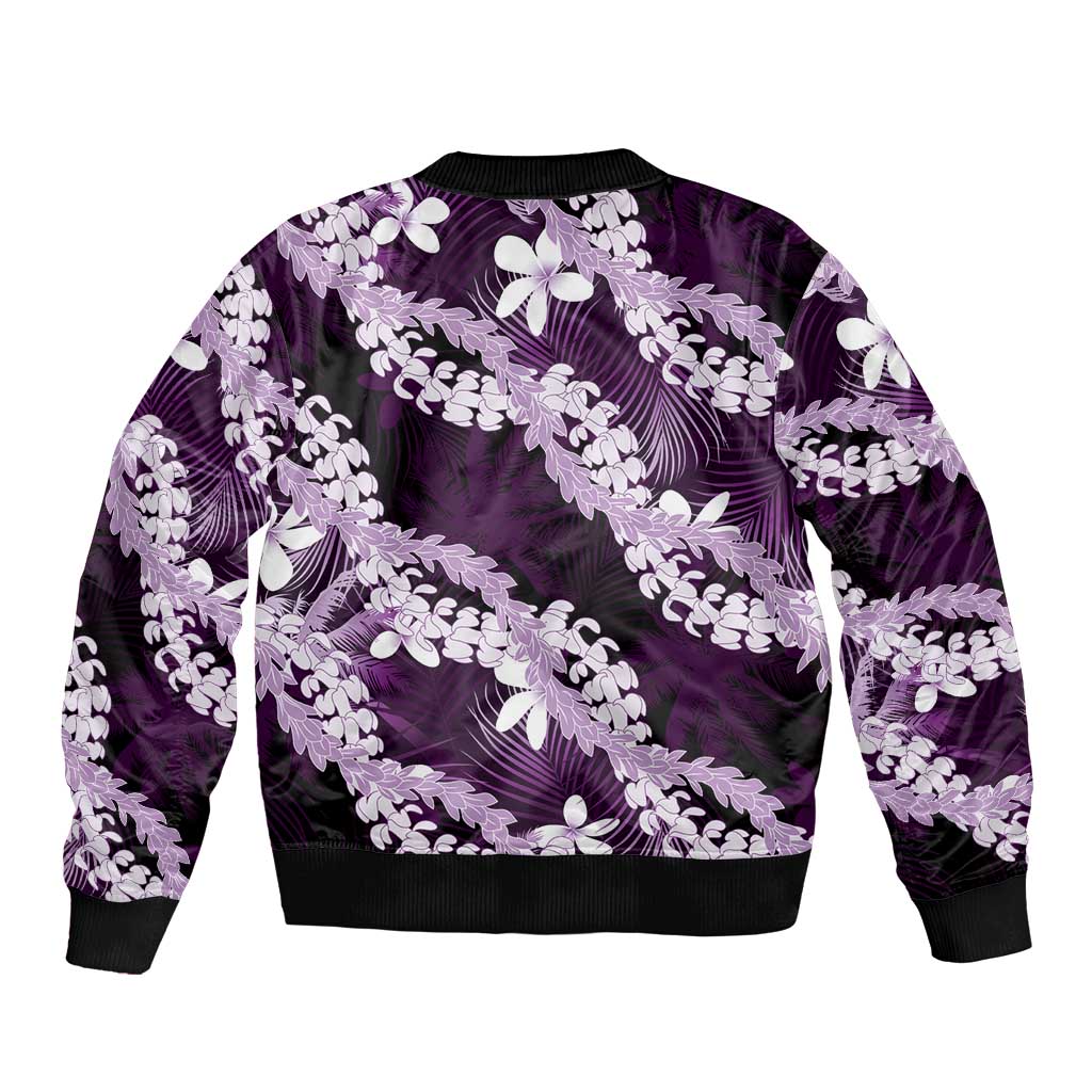 Puakenikeni Maile Lei Bomber Jacket Frangipani Purple Tropical Leaves LT01 - Polynesian Pride