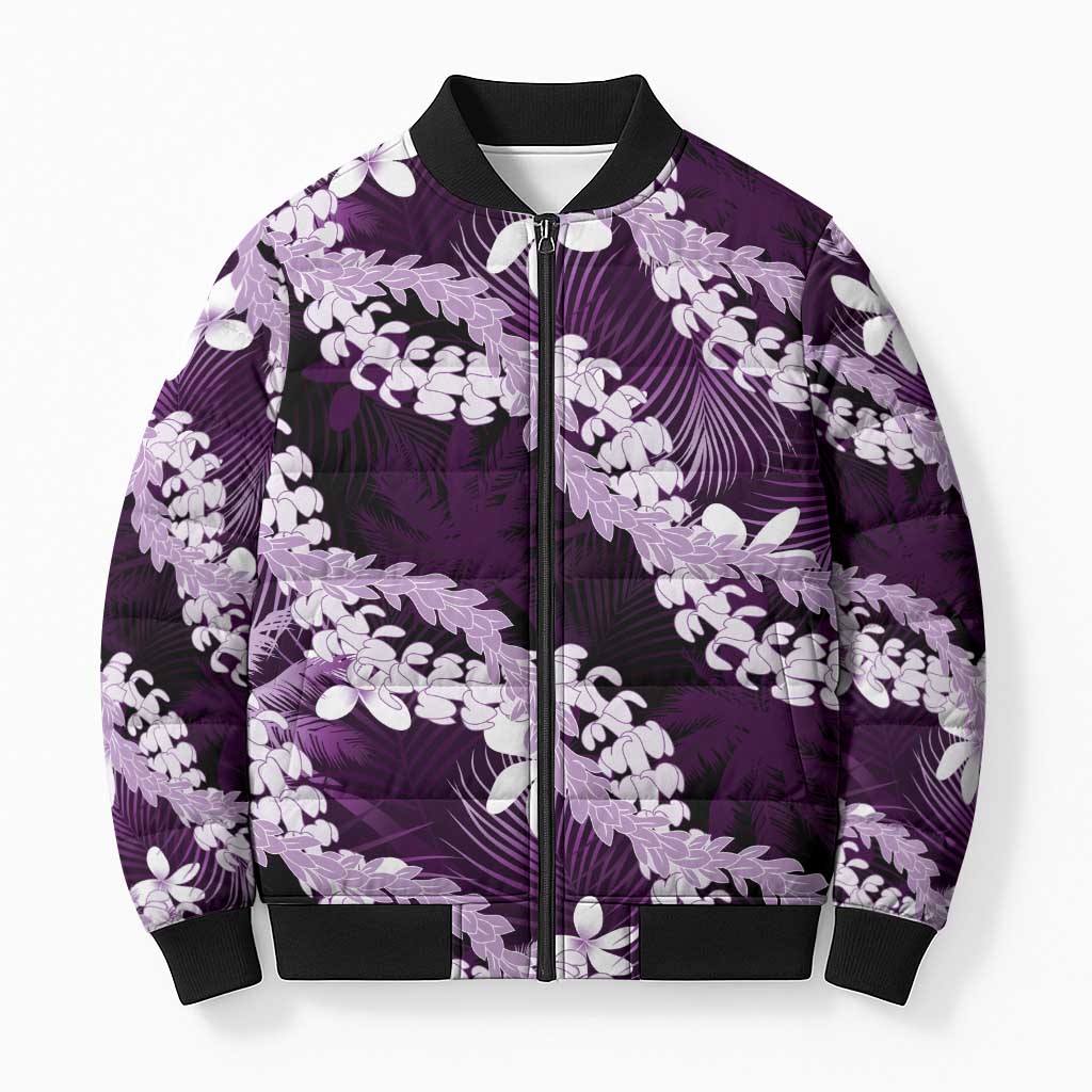 Puakenikeni Maile Lei Bomber Puffer Jacket Frangipani Purple Tropical Leaves