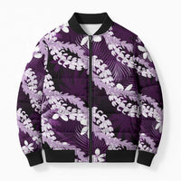 Puakenikeni Maile Lei Bomber Puffer Jacket Frangipani Purple Tropical Leaves