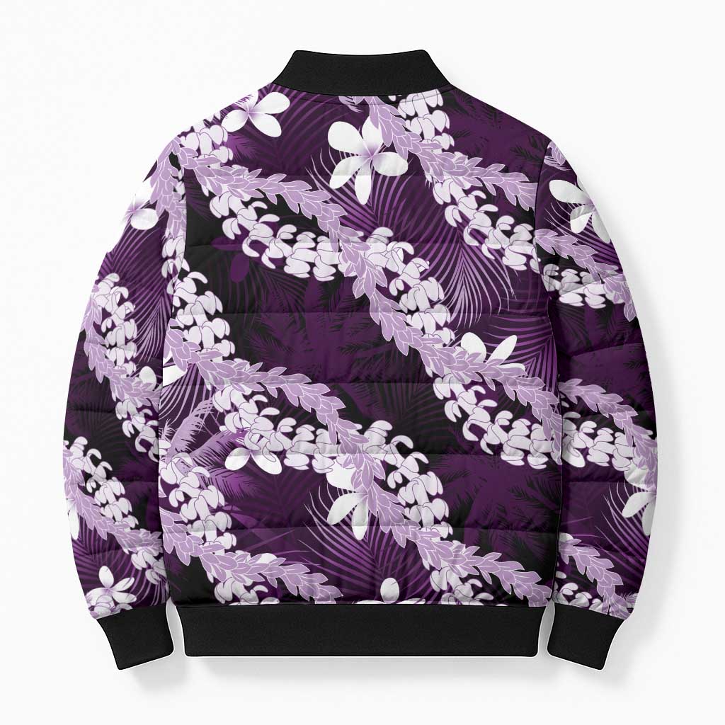 Puakenikeni Maile Lei Bomber Puffer Jacket Frangipani Purple Tropical Leaves