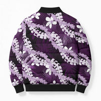 Puakenikeni Maile Lei Bomber Puffer Jacket Frangipani Purple Tropical Leaves