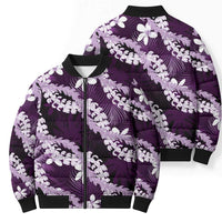 Puakenikeni Maile Lei Bomber Puffer Jacket Frangipani Purple Tropical Leaves