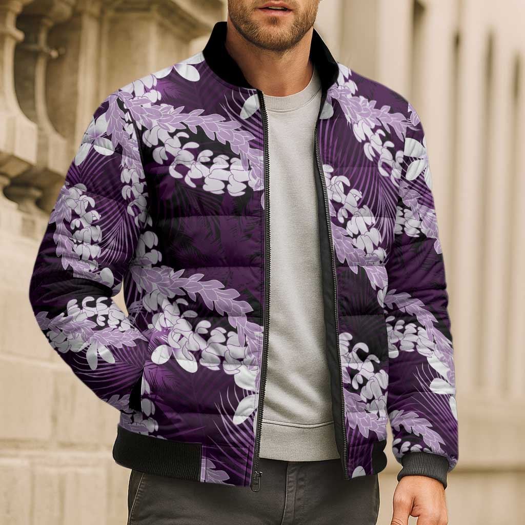 Puakenikeni Maile Lei Bomber Puffer Jacket Frangipani Purple Tropical Leaves
