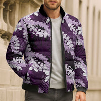 Puakenikeni Maile Lei Bomber Puffer Jacket Frangipani Purple Tropical Leaves