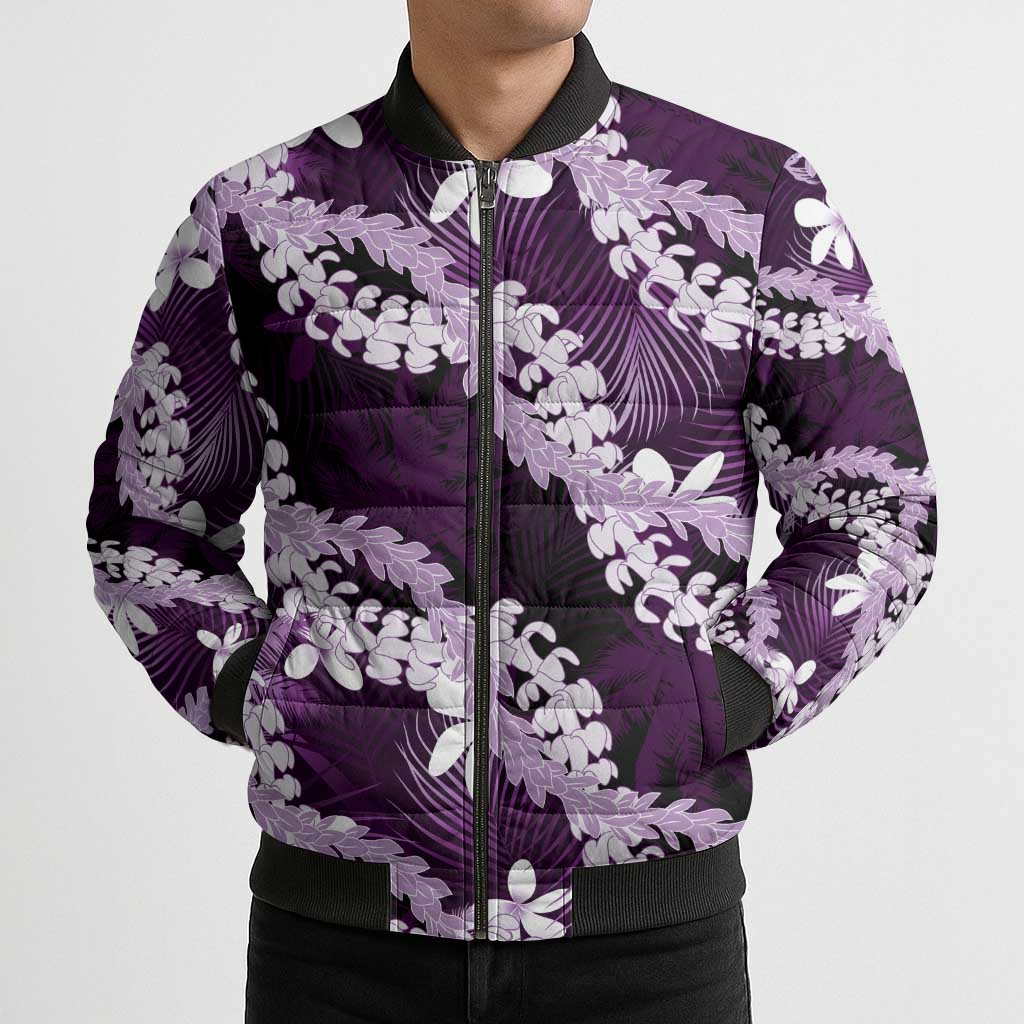Puakenikeni Maile Lei Bomber Puffer Jacket Frangipani Purple Tropical Leaves