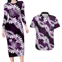 Puakenikeni Maile Lei Couples Matching Long Sleeve Bodycon Dress and Hawaiian Shirt Frangipani Purple Tropical Leaves