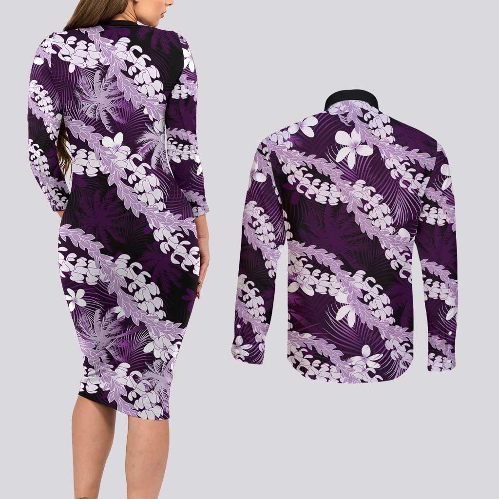 Puakenikeni Maile Lei Couples Matching Long Sleeve Bodycon Dress and Long Sleeve Button Shirt Frangipani Purple Tropical Leaves
