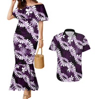 Puakenikeni Maile Lei Couples Matching Mermaid Dress and Hawaiian Shirt Frangipani Purple Tropical Leaves