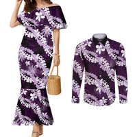 Puakenikeni Maile Lei Couples Matching Mermaid Dress and Long Sleeve Button Shirt Frangipani Purple Tropical Leaves
