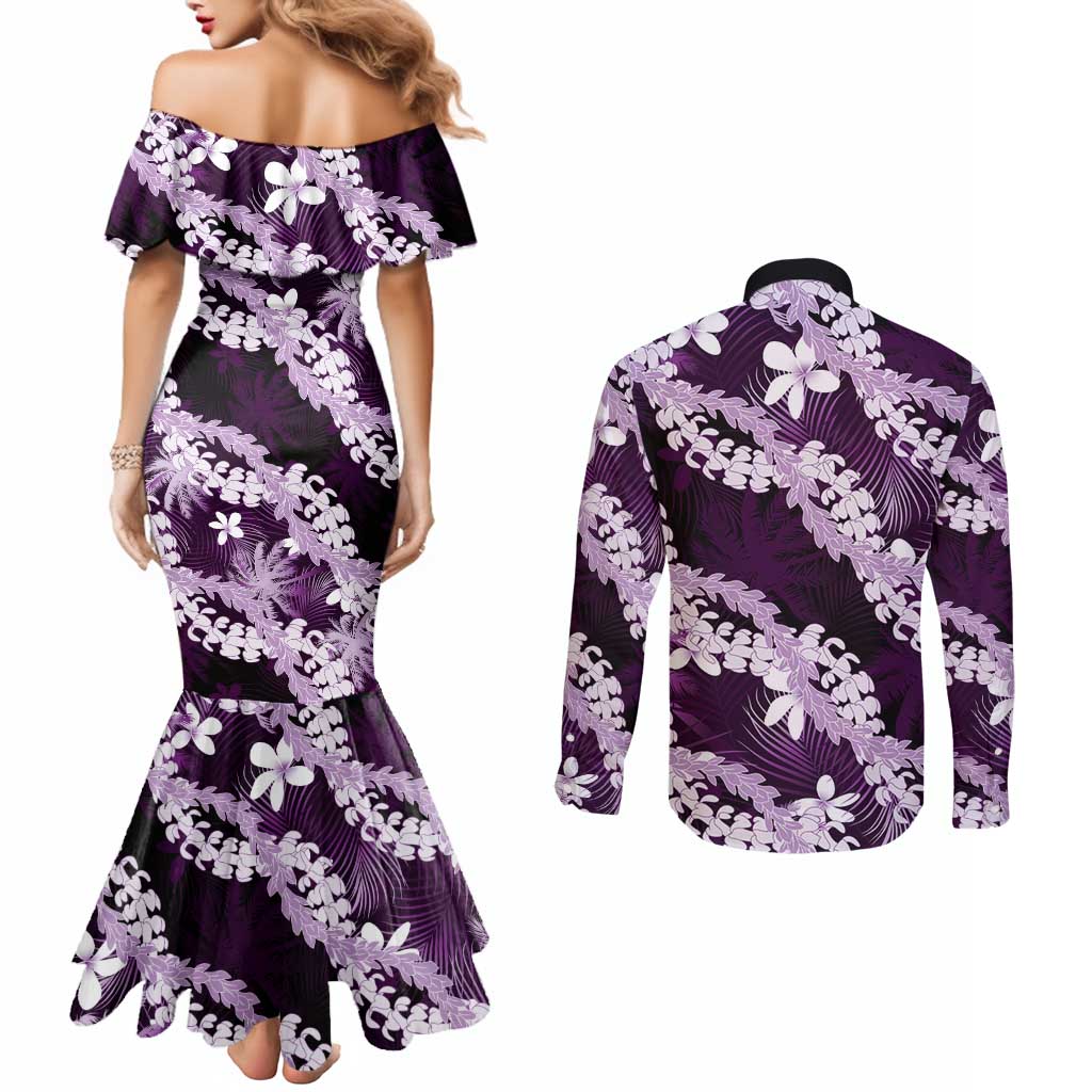 Puakenikeni Maile Lei Couples Matching Mermaid Dress and Long Sleeve Button Shirt Frangipani Purple Tropical Leaves