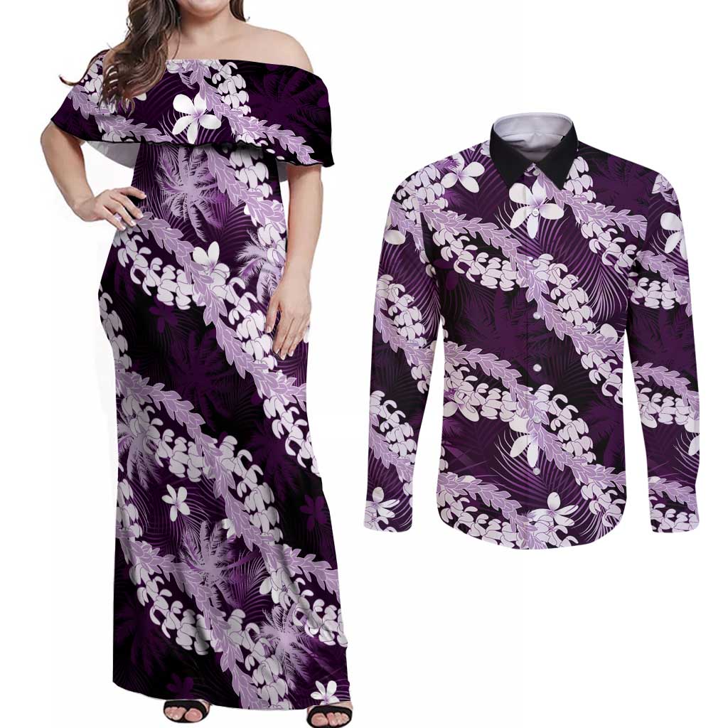 Puakenikeni Maile Lei Couples Matching Off Shoulder Maxi Dress and Long Sleeve Button Shirt Frangipani Purple Tropical Leaves