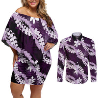 Puakenikeni Maile Lei Couples Matching Off Shoulder Short Dress and Long Sleeve Button Shirt Frangipani Purple Tropical Leaves