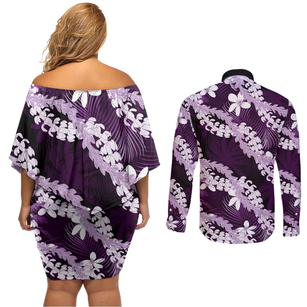 Puakenikeni Maile Lei Couples Matching Off Shoulder Short Dress and Long Sleeve Button Shirt Frangipani Purple Tropical Leaves