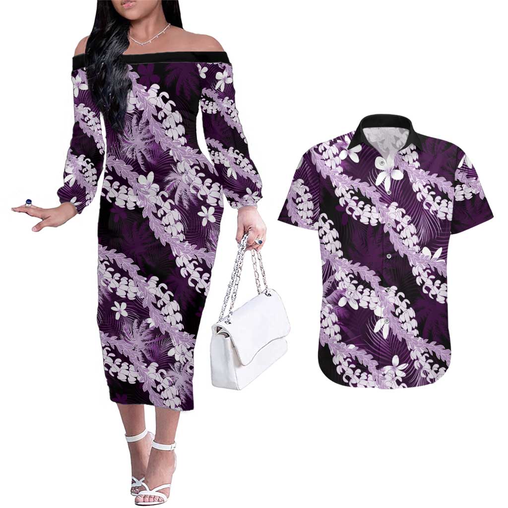 Puakenikeni Maile Lei Couples Matching Off The Shoulder Long Sleeve Dress and Hawaiian Shirt Frangipani Purple Tropical Leaves