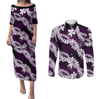 Puakenikeni Maile Lei Couples Matching Puletasi and Long Sleeve Button Shirt Frangipani Purple Tropical Leaves