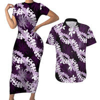 Puakenikeni Maile Lei Couples Matching Short Sleeve Bodycon Dress and Hawaiian Shirt Frangipani Purple Tropical Leaves