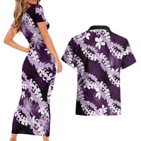 Puakenikeni Maile Lei Couples Matching Short Sleeve Bodycon Dress and Hawaiian Shirt Frangipani Purple Tropical Leaves