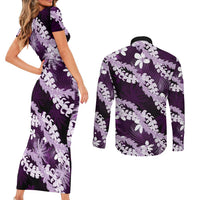 Puakenikeni Maile Lei Couples Matching Short Sleeve Bodycon Dress and Long Sleeve Button Shirt Frangipani Purple Tropical Leaves