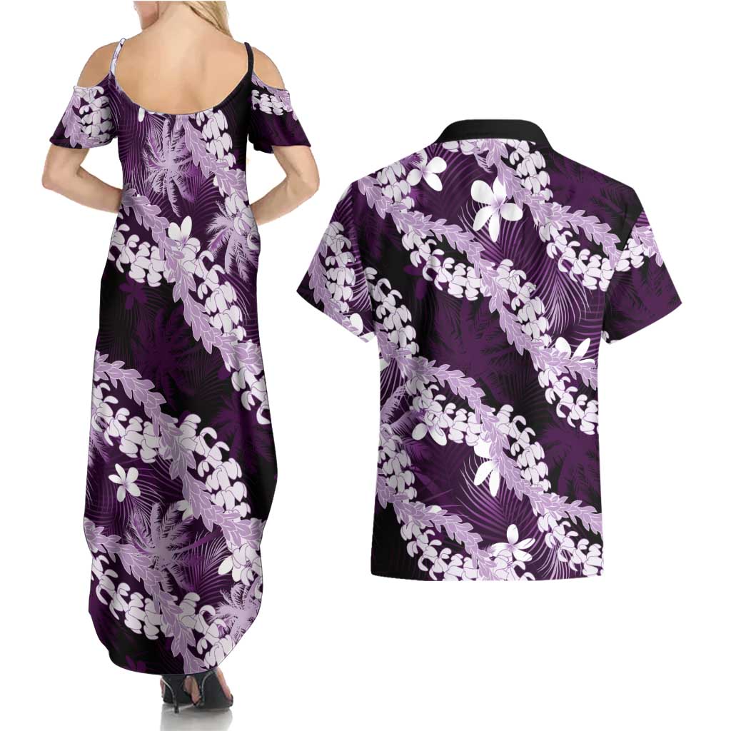 Puakenikeni Maile Lei Couples Matching Summer Maxi Dress and Hawaiian Shirt Frangipani Purple Tropical Leaves