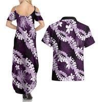 Puakenikeni Maile Lei Couples Matching Summer Maxi Dress and Hawaiian Shirt Frangipani Purple Tropical Leaves