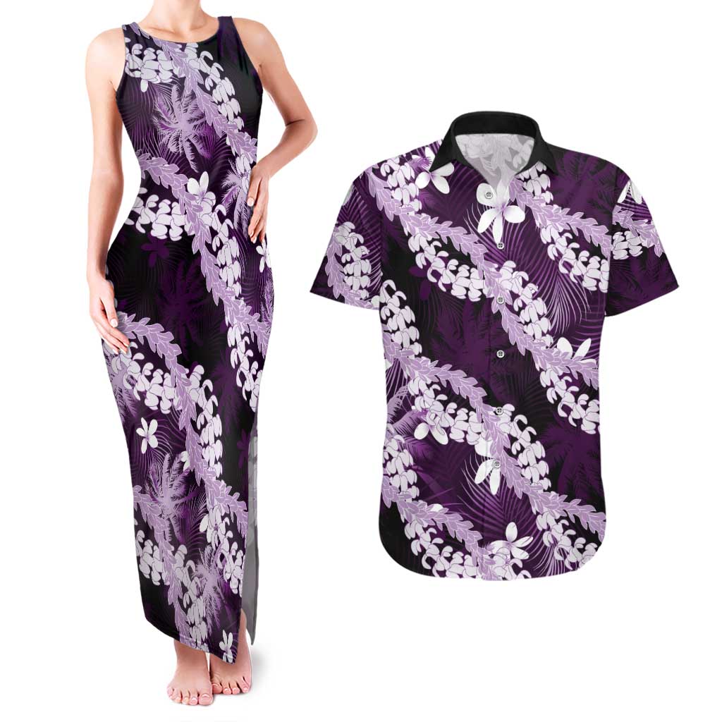 Puakenikeni Maile Lei Couples Matching Tank Maxi Dress and Hawaiian Shirt Frangipani Purple Tropical Leaves