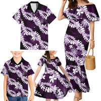 Puakenikeni Maile Lei Family Matching Mermaid Dress and Hawaiian Shirt Frangipani Purple Tropical Leaves