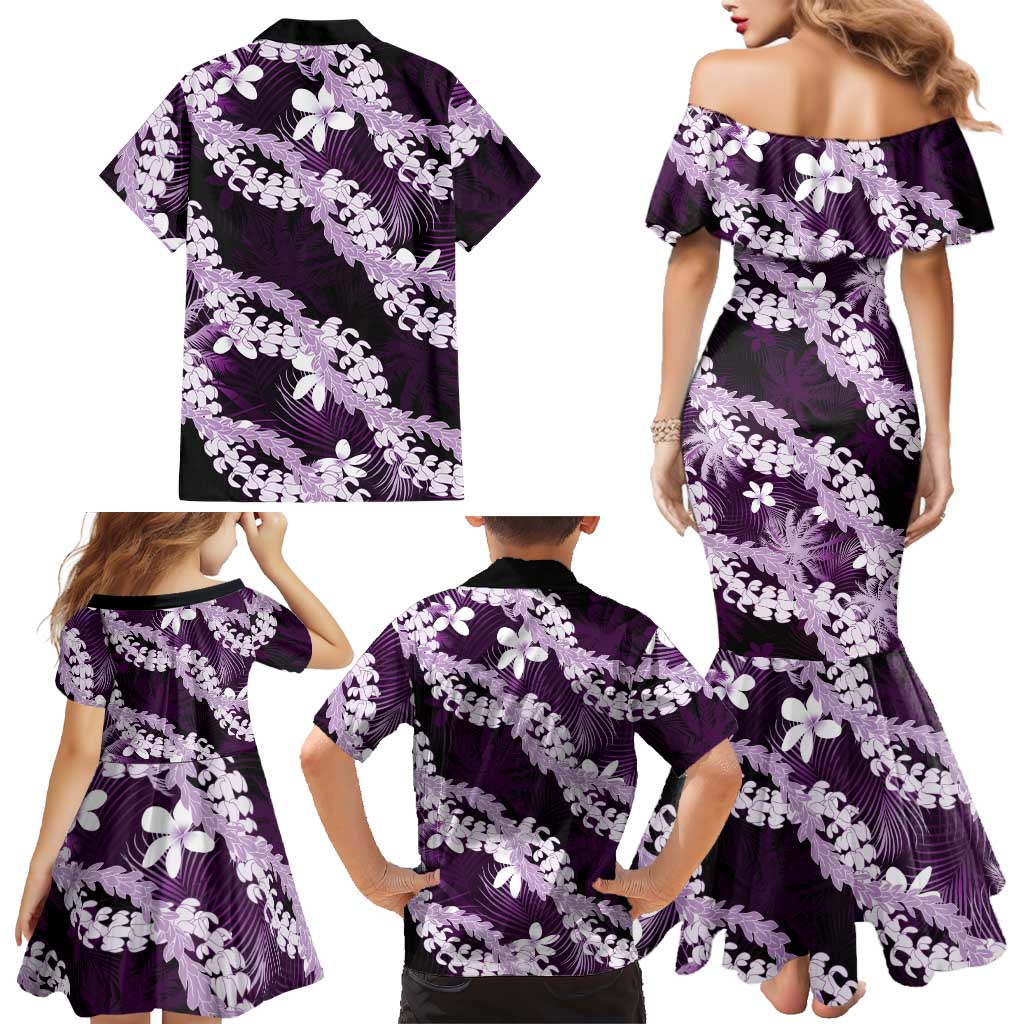 Puakenikeni Maile Lei Family Matching Mermaid Dress and Hawaiian Shirt Frangipani Purple Tropical Leaves