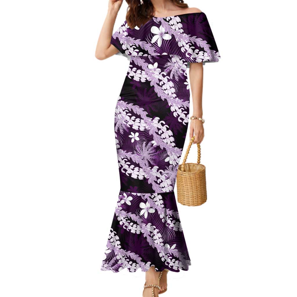 Puakenikeni Maile Lei Family Matching Mermaid Dress and Hawaiian Shirt Frangipani Purple Tropical Leaves