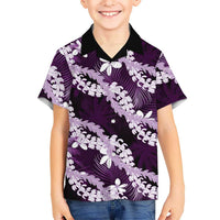 Puakenikeni Maile Lei Family Matching Mermaid Dress and Hawaiian Shirt Frangipani Purple Tropical Leaves