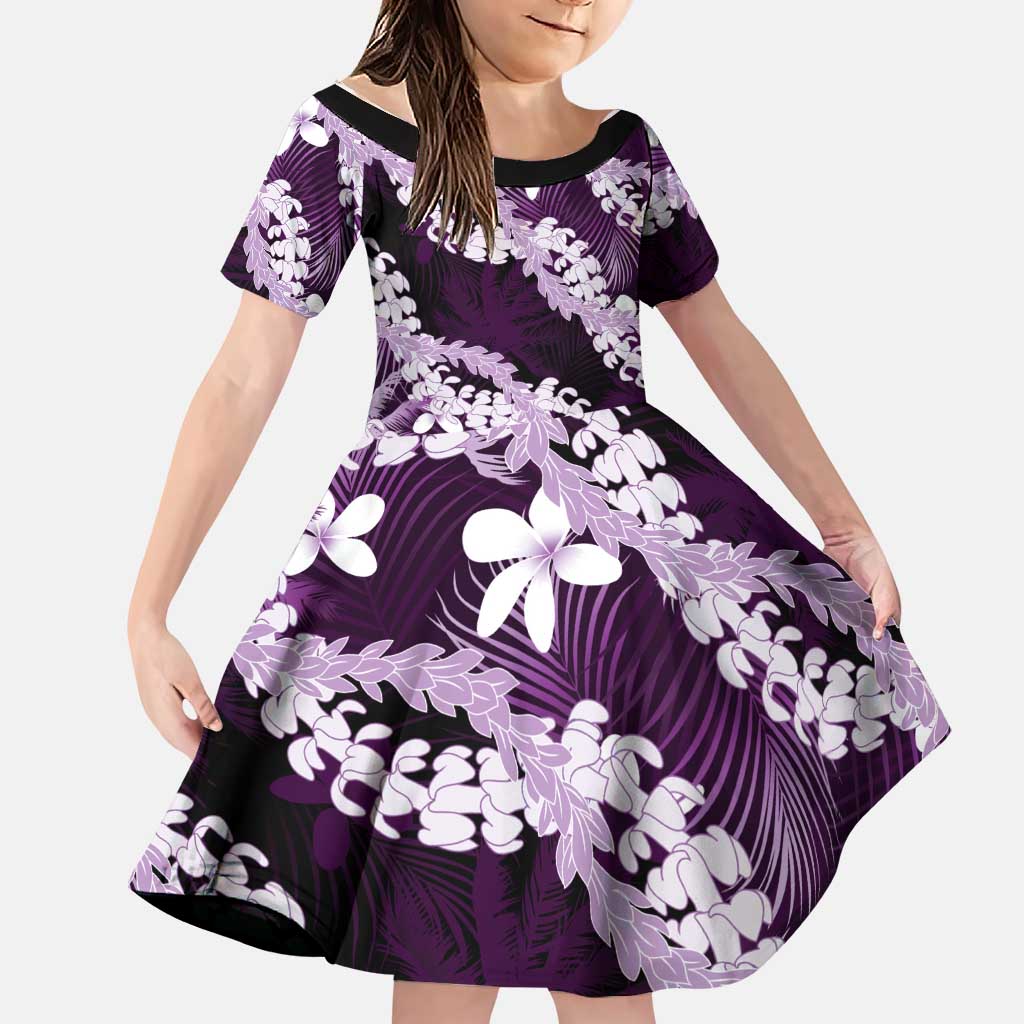 Puakenikeni Maile Lei Family Matching Off Shoulder Maxi Dress and Hawaiian Shirt Frangipani Purple Tropical Leaves